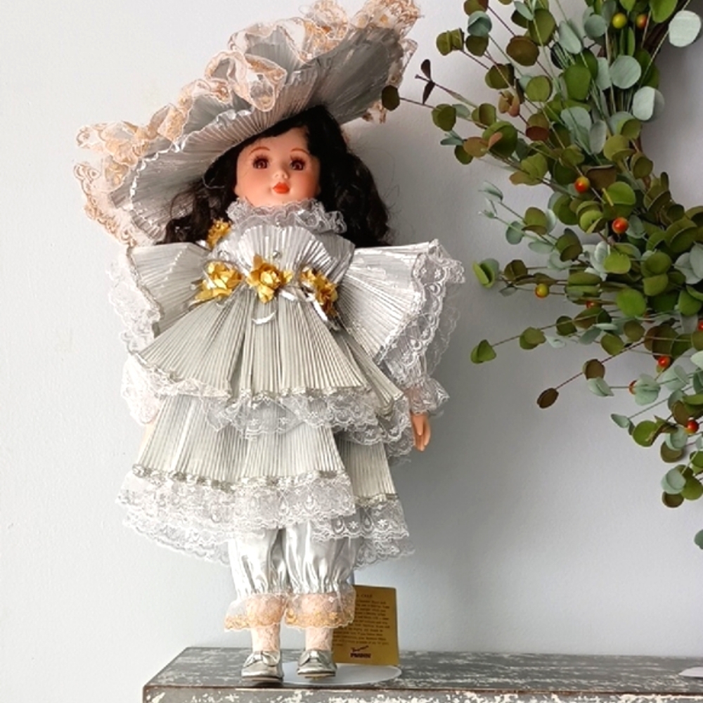 Vintage Porcelain Doll with Silver, Lace and Floral Accents